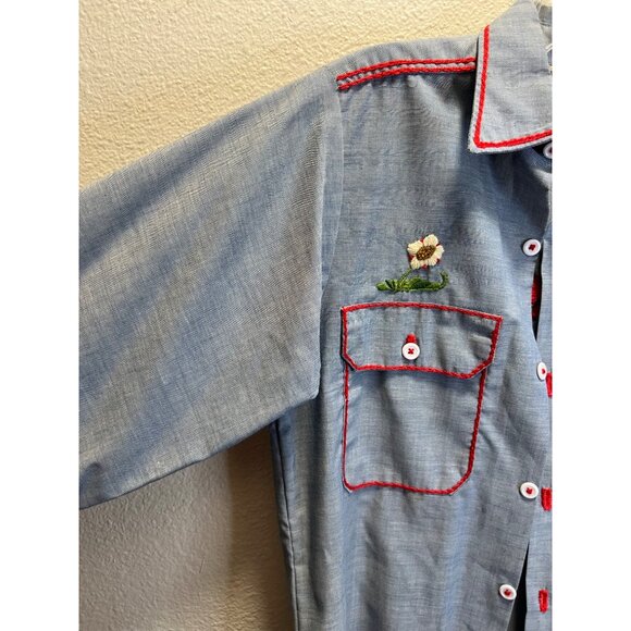 Vintage Montgomery Ward Embroidered Chambray Shirt Red Stitching Floral & Bird D - Picture 10 of 13